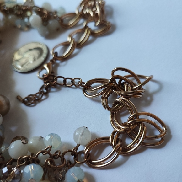 Faux Pearls Matte Brass Gold Chain Milky Glass Faceted Bead Bib Necklace EUC - Picture 11 of 13